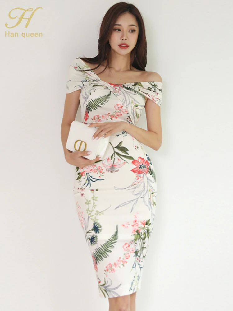 H Han Queen 2024 Korean Womens Dresses Sexy Slash Neck Elegant Pencil Party Dress Simple Sheath Bodycon Woman Clothing Vestidos