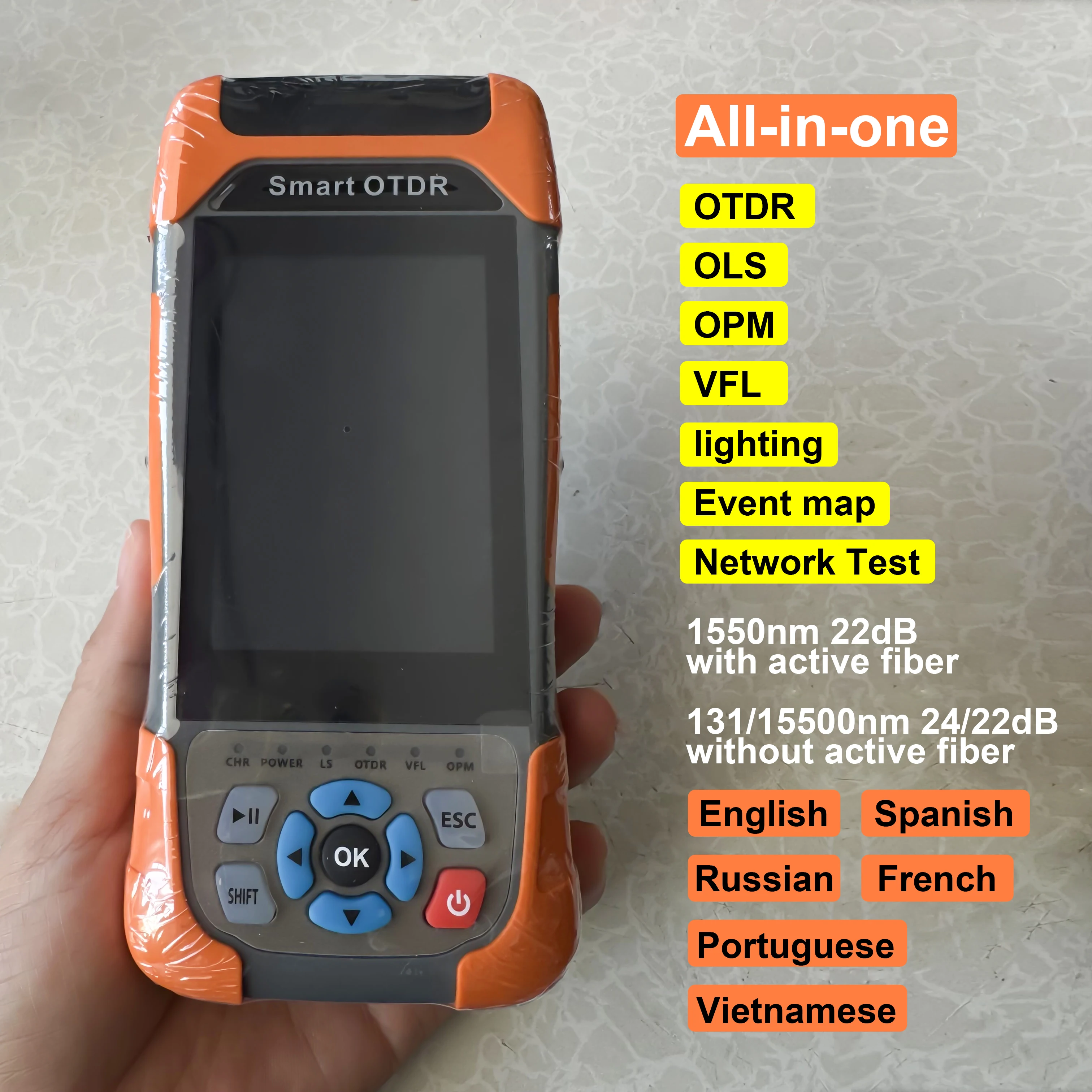 

Российский профессиональный OTDR MINI 1310/1550 нм без активного тестирования (24/22 дБ) или 1550 нм с активным тестом, рефлектометр, VFL, OPM, Event Map, источник, тестер RJ45