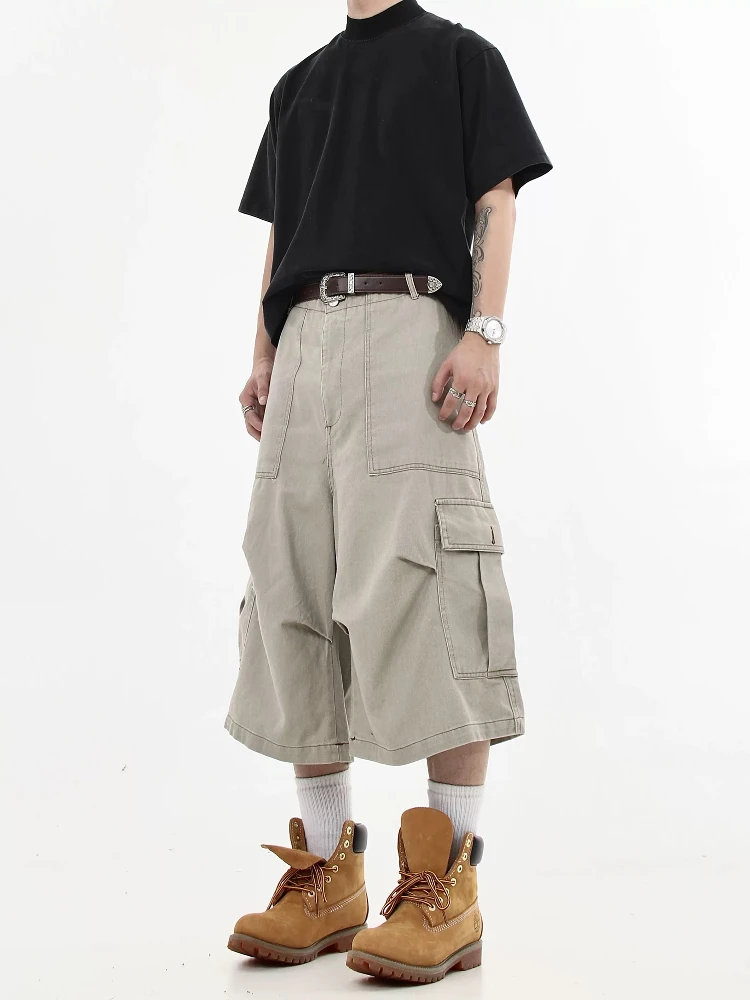 

American Retro Cleanfit Workwear orts Men's Trendy Loose Wide Leg Seven-Foot Pants Summer Casual Pants with Big kets