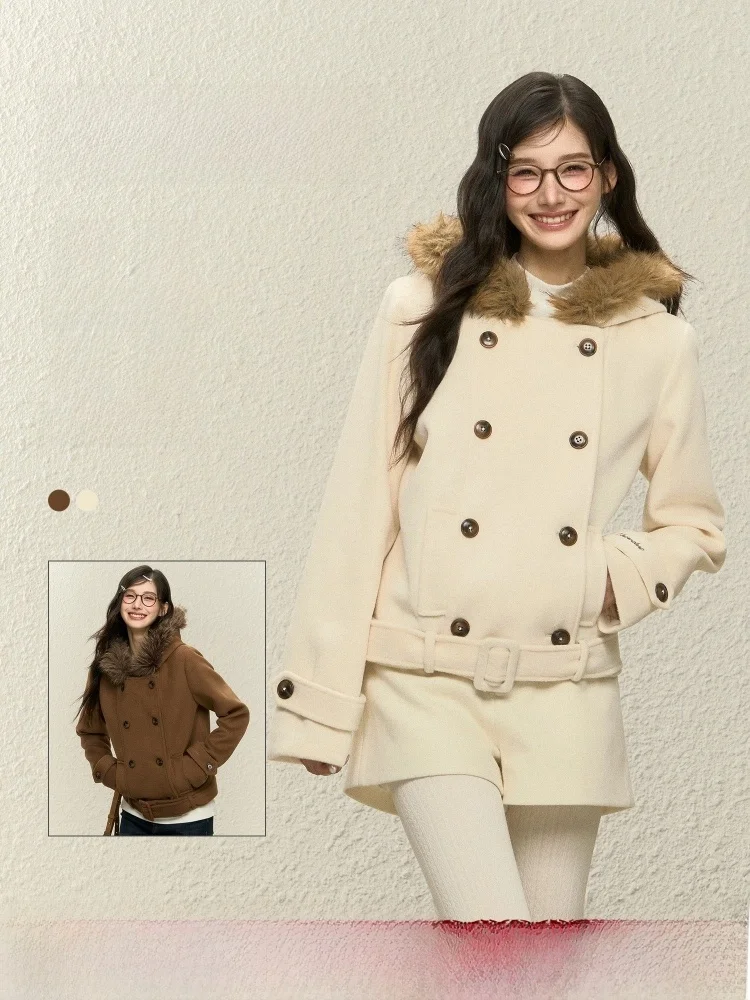 

ELEVEN SP White ort Woolen Coat for Women Winter Faion Korean Sle Loose Fit Long Sve High Waist Open Front Coat