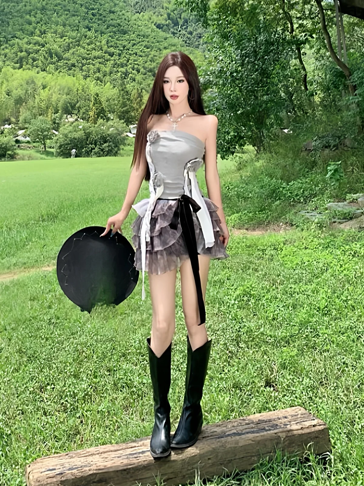 

Стильный красивый комплект с юбкой и топом-бюстье с объемной цветочной 3D-вышивкой, дышащий, стройнящий, повседневный наряд