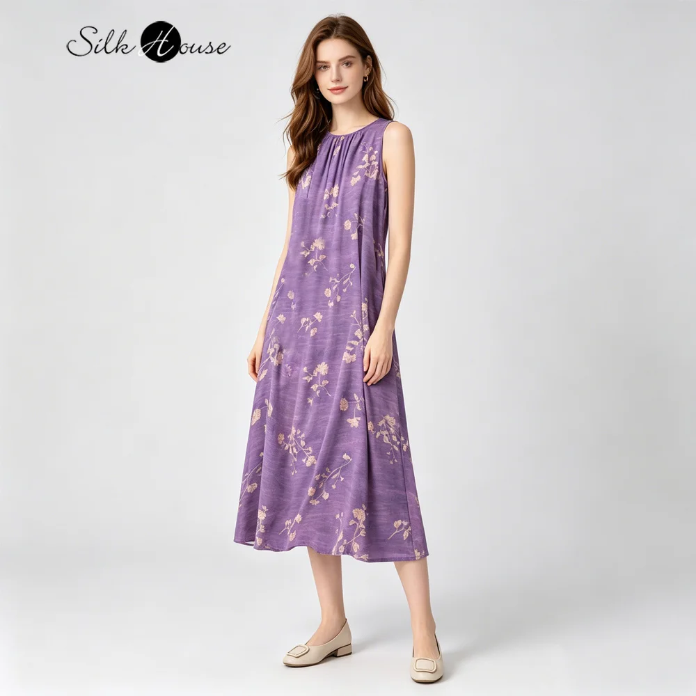 

2026 Women's Summer New 100% Natural Mulberry Silk Crepe De Chine Vacation Style Elegant Purple Round Neck Loose Tank Top Dress