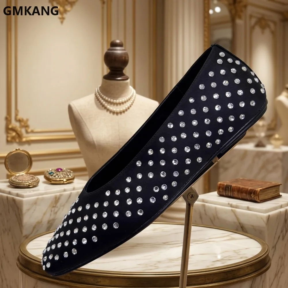 Square Toe Rhinestone Flat Casual Shoes for Women Spring Autumn Fashion Comfort Loafers Glitter Slip On Everyday Wear GMKANG