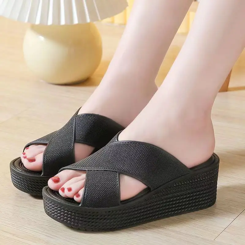 2024 Summer New Woman\'s One Word Hollow Wedge Slipper Thick Sole Non Slip Home Slip Outdoor Beach Slippers Bathroom Slippers