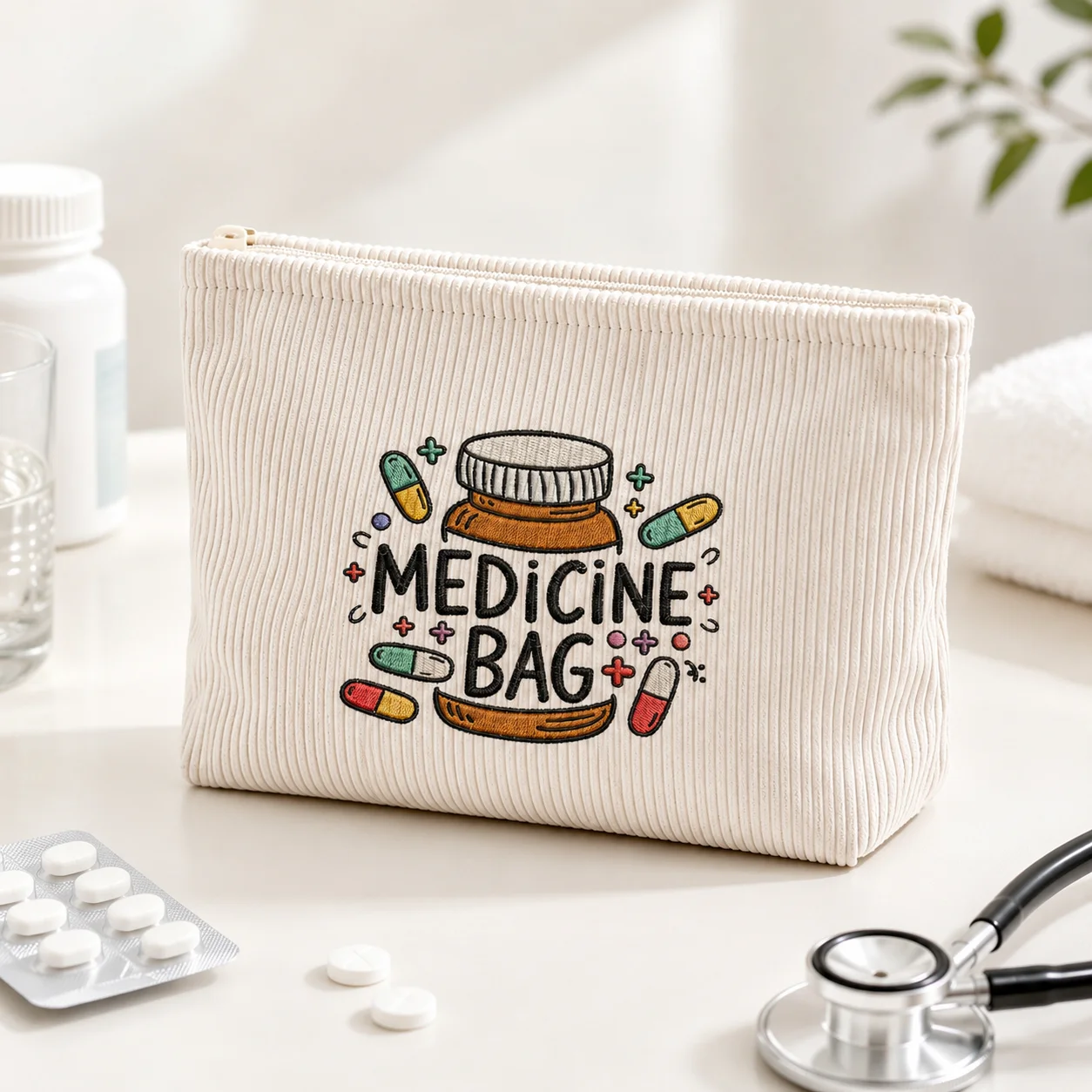 Printing Medicine Bag Soft Corduroy First Aid Pouch for Home Travel Family Medication Organizer Medical Storage Zipper Case