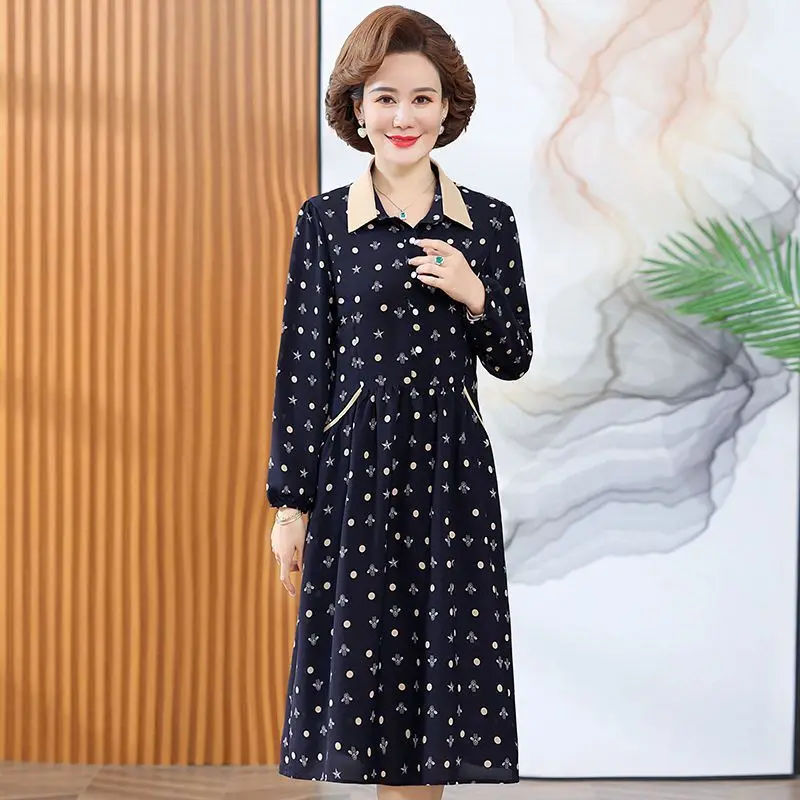 Middle Aged and Elderly Mothers Loose Fitting Dress with Long Sleeves Thin Design Small Floral Patterns New Style