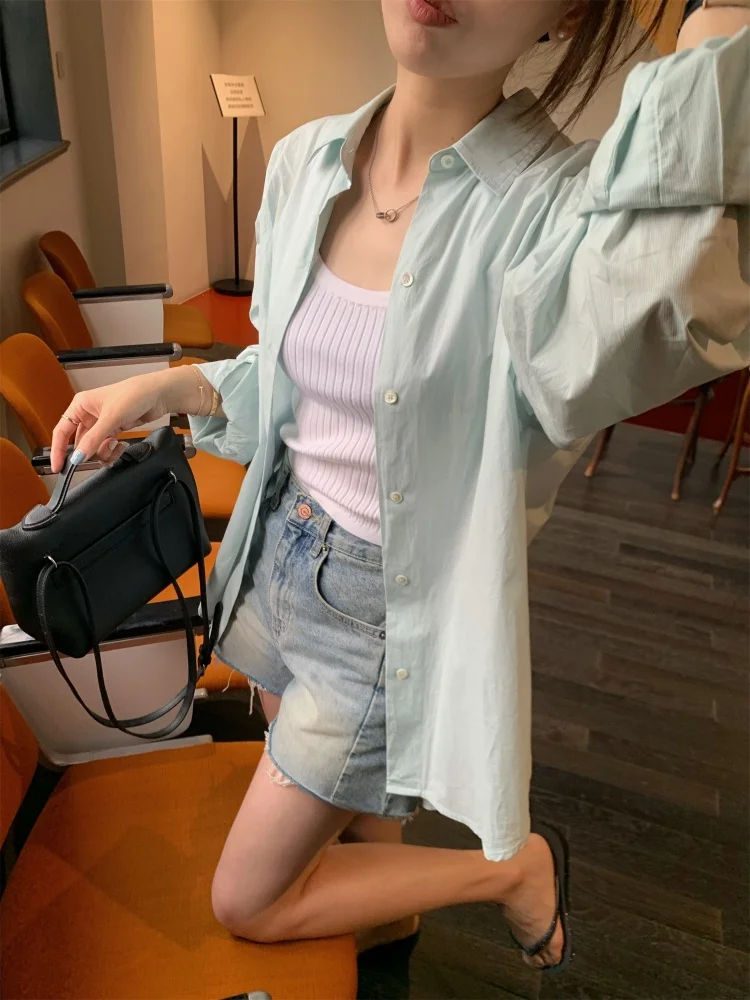 

Landbeige Mint een с вертикальной полосой, тонкий джинт, женский свободный воротник, корейский длинный све, летняя верхняя одежда