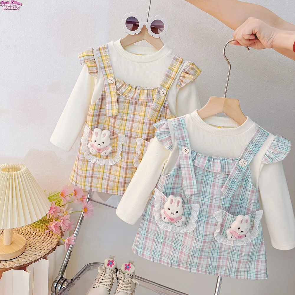 

2025 Kids Dress Girl Cotton 1-4Y Baby Girl One-piece Dress Cartoon Rabbit Pocket Plaid Ruffle Strap Dress Children Casual Outfit