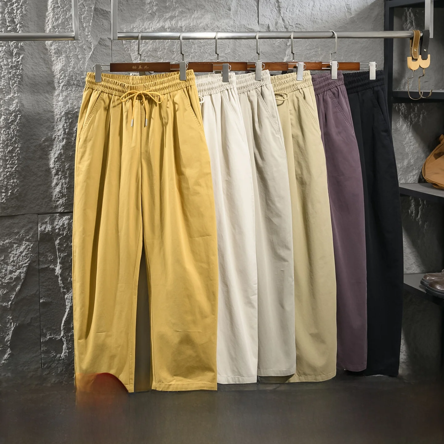 Men's Casual Straight Leg Pants Heavyweight Washed Cotton Spring Summer Elastic Waist Loose Fit Breathable Versatile Comfortable