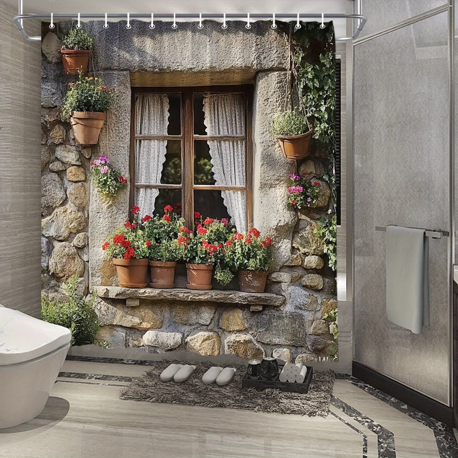 

Водонепроницаемая занавеска для душа в деревенском стиле - каменная стена с дизайном цветочных горшков, защита от плесени, прочная ткань для декора ванной комнаты