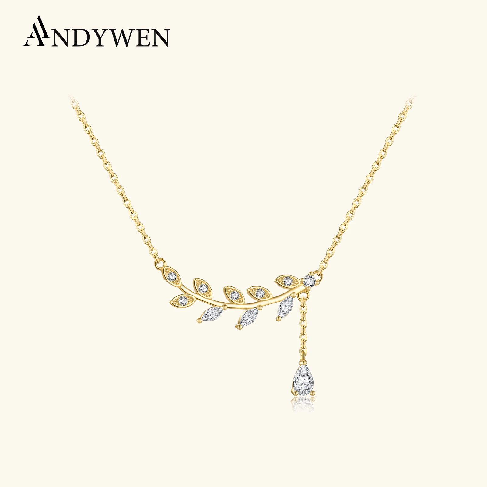 

ANDYWEN стерлингового серебра 925 пробы с листьями, цирконием, кулон с фианитом, ожерелье, длинная цепочка, женские ювелирные изделия, 2021, роскошные ювелирные изделия с кристаллами