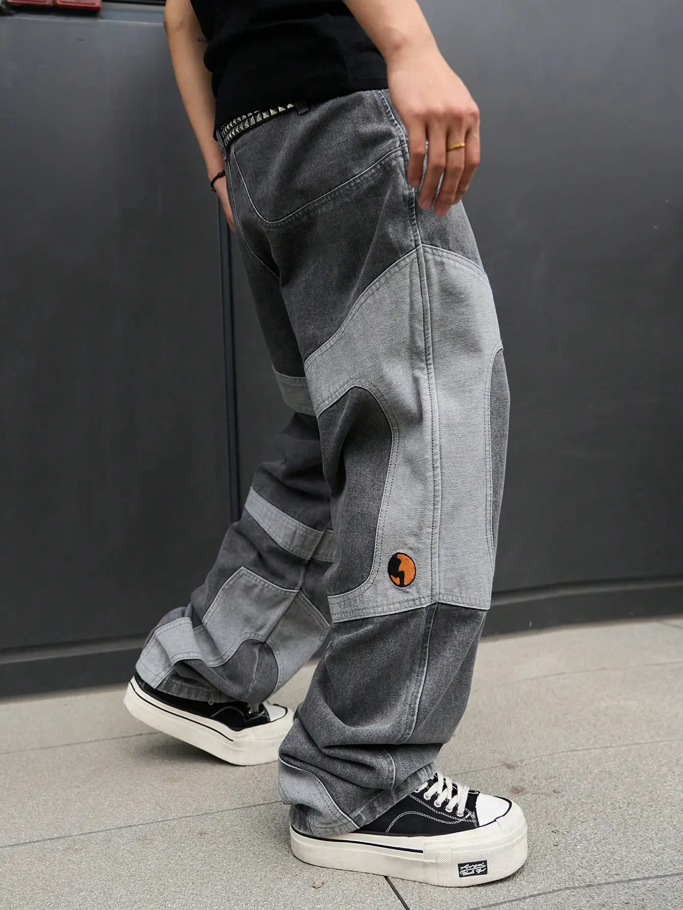 Men Grey Patchwork Baggy Jeans Color‑Block Spliced Wide Leg Floor‑Dragging Denim Pants Streetwear Hip‑Hop Loose Trousers