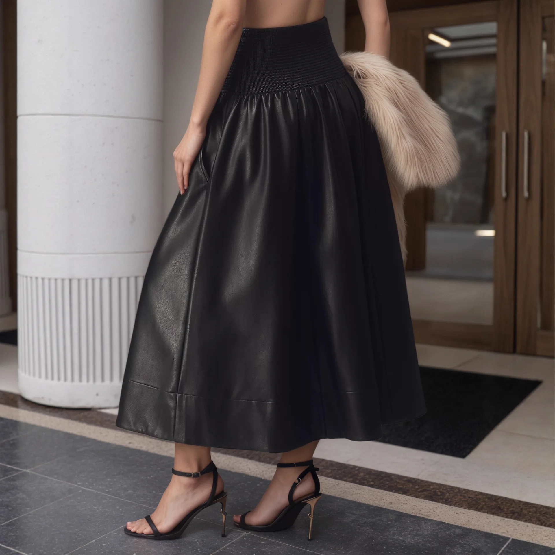 High-waisted Pleated Black Pu Leather Skirt Women's Spring/autumn 2026 New Style, Mid-length A-line Skirt Bandage Outfits Party