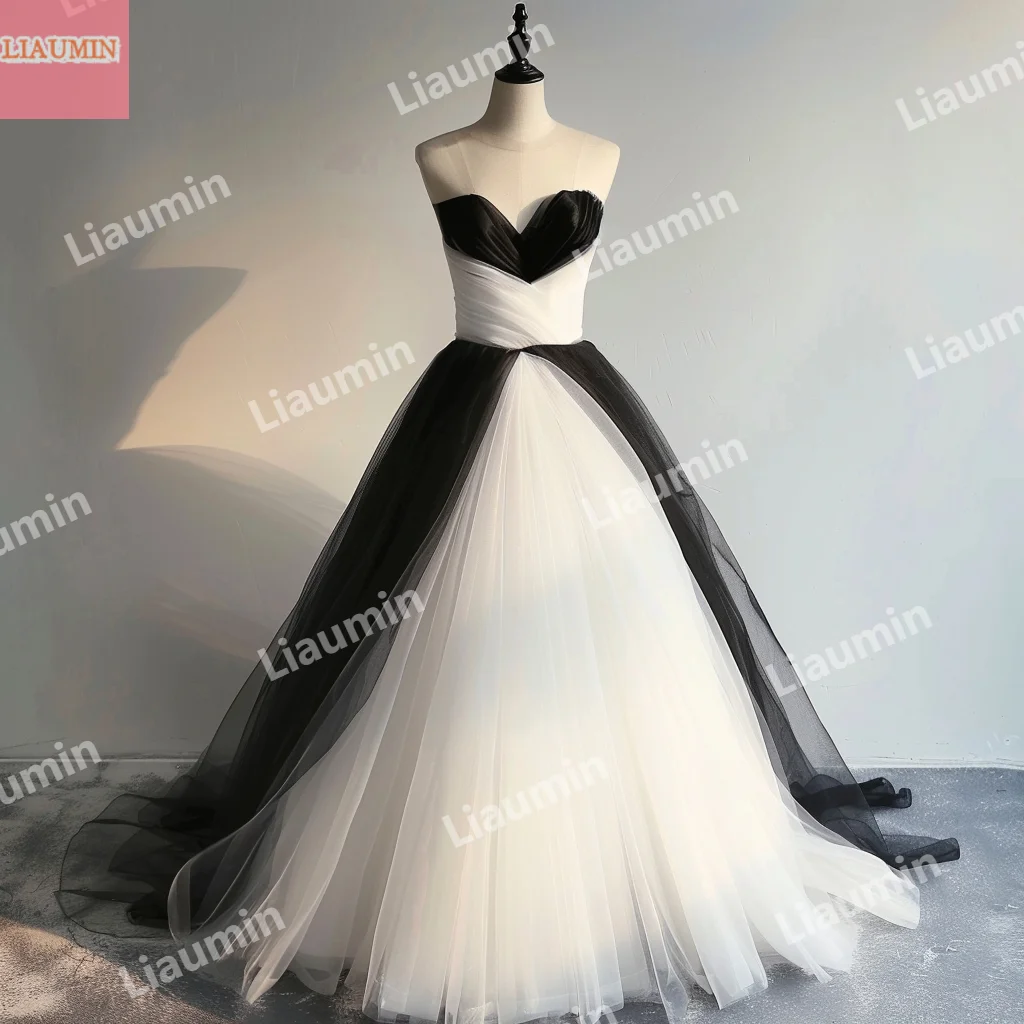 

Simple Custom Made White And Black Tulle Prom Dress Full Length Strapless Evening Prom Dresses Formal Stunning Dress W15-47.11