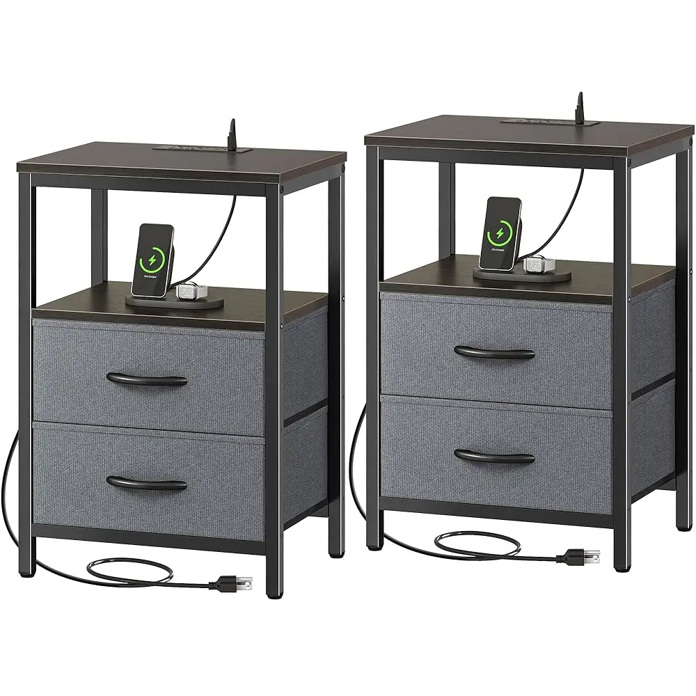 

Nightstands Set Of 2, End Tables With Charging Station, Fabric Drawers, Bedside Tables With Usb Ports And Outlets, Night Stands