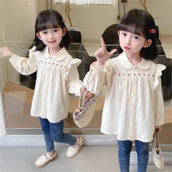 (Girls 0-5 years old) Autumn New Girls' Shirts Lace Pleated Flowers Decorated Doll Collar Blouse Blouse Blouse Blouse Blouse