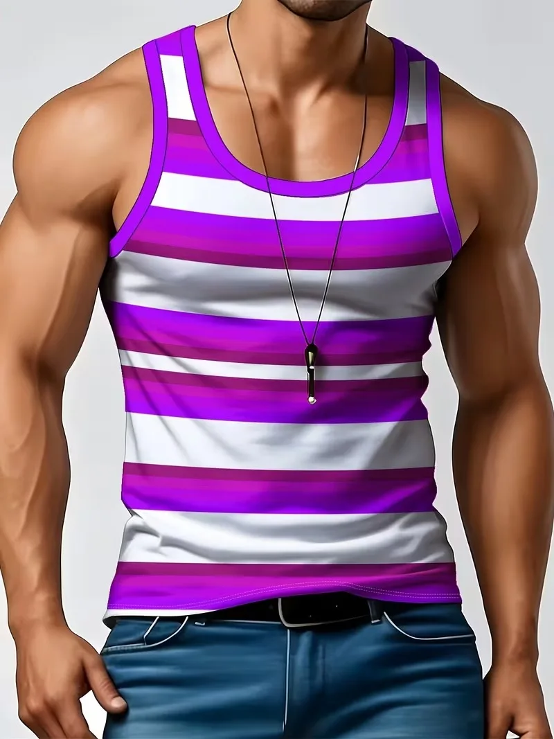 New Simple Color Striped 3D Printed Tank Tops Men Summer Sleeveless Casual Sports Vest Crew Neck Breathable Oversized Tees Tops