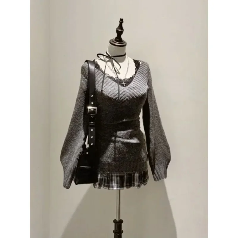 

French Vintage Knitted Suit for Women V-Ne Long Sle Autumn Winter Collection Profional Women's Suit Set No Brand