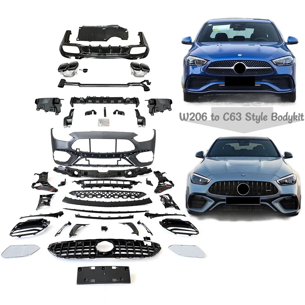 C Class W206 to C63 Body Kit Car Upgrade Kits Front Bumper Grille Side Skirt Rear Lip Exhaust Tip Auto Modification Parts