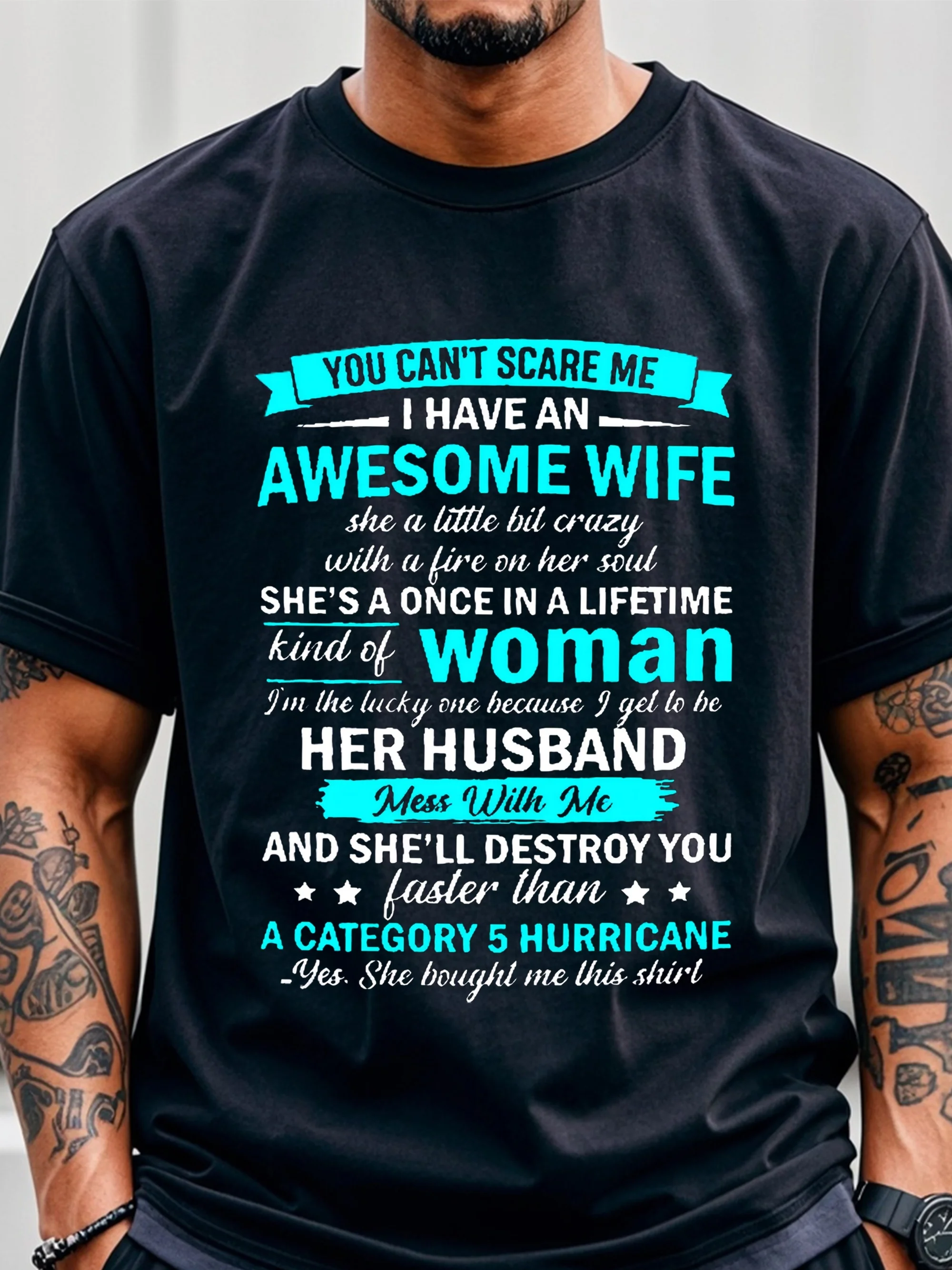 

Humorous 'You Can't Scare Me, I Have an Awesome Wife' Men's Cotton T-Shirt - Casual Crew Neck, Short Sleeve