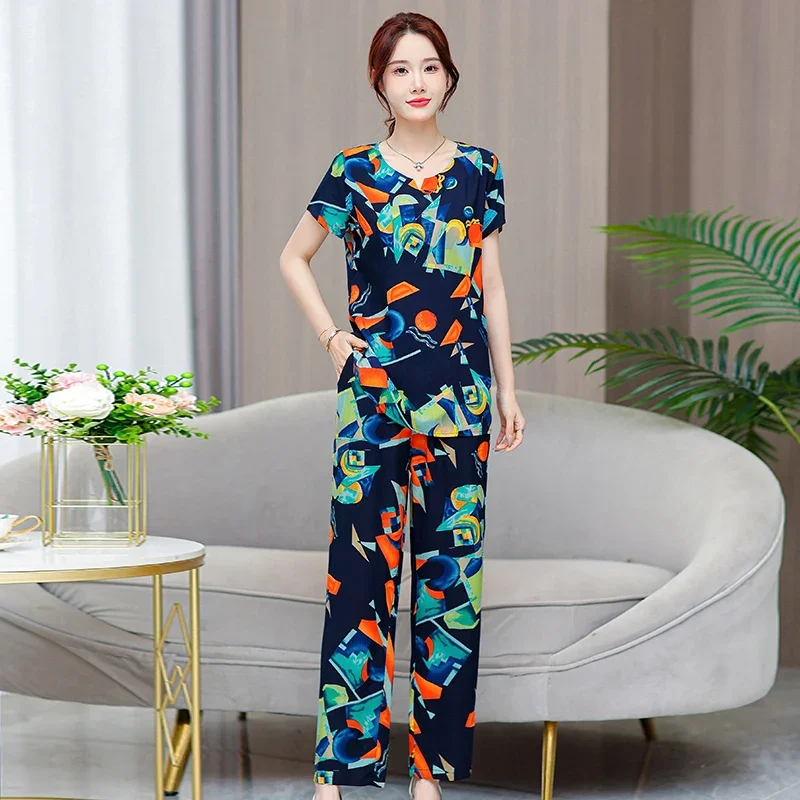 Summer Elegant Pant Sets for Women Blouses 2023 New Vintage Print 2 Piece Sets Women Outfit Casual Korean Style Summer Clothes