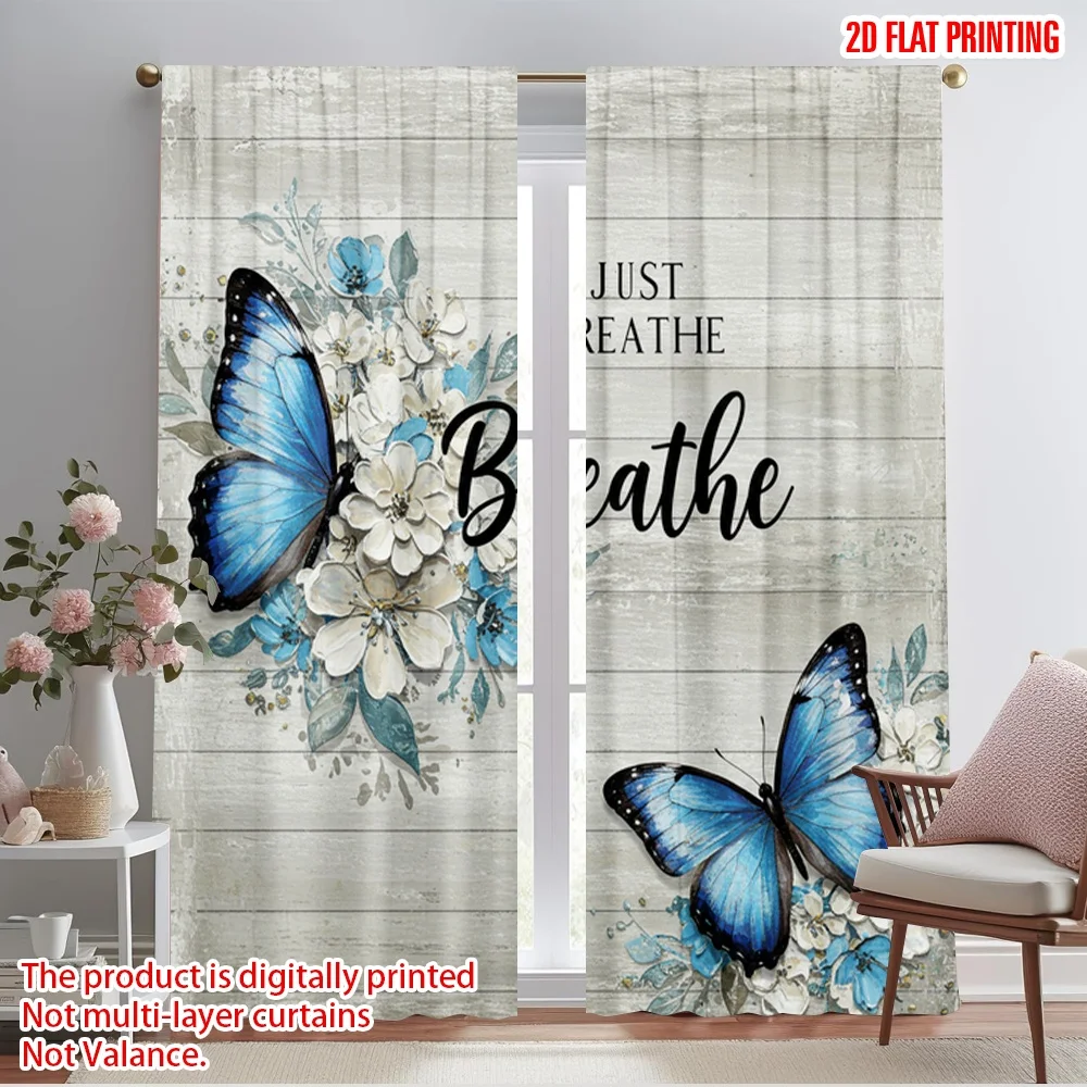 

2pcs 2D flat printing Curtains Blue butterfly floral art Polyester Without Electricity Party Decorations Perfect for Outdoor and