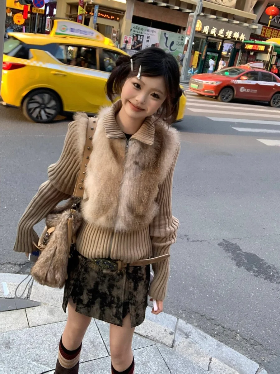 Maillard Faux Fur Coat Women 2024 Autumn Winter Fake Two Pieces Long Sleeve Lapel Zipper Knit Coat Vintage Y2k Female Clothing