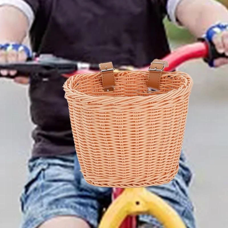 Bicycle Basket Rattan Woven Bike Storage Front Handlebar Basket Removable Waterproof Bicycle Pannier Basket Kid Bike Carrier Bag