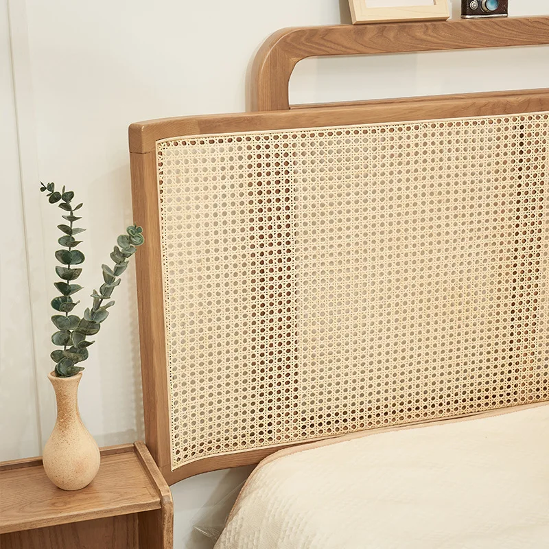 Solid wood bed, large bed rattan bed, ash wood style, simple master bed