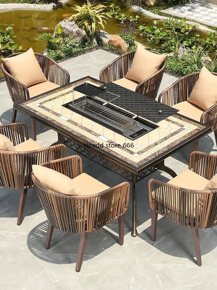 

Nordic barbecue table Household courtyard rattan barbecue table and chair combination