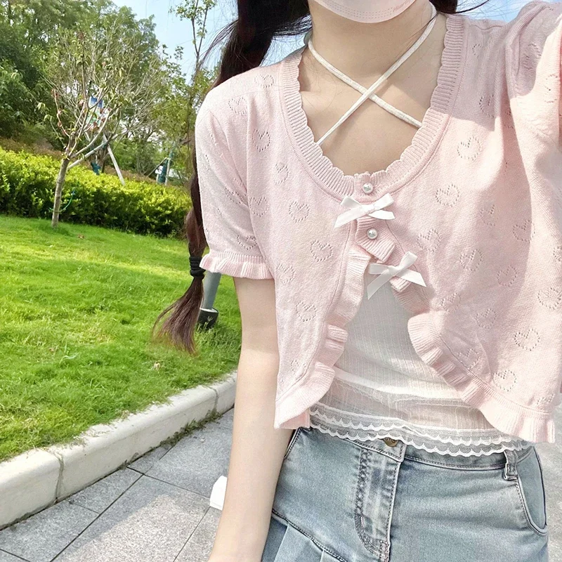 Cute Knitted Cardigan Women Pearl Button Bow Decoration Heart Hollow Out Short Sweater for Sweet Girl Kawaii Clothes