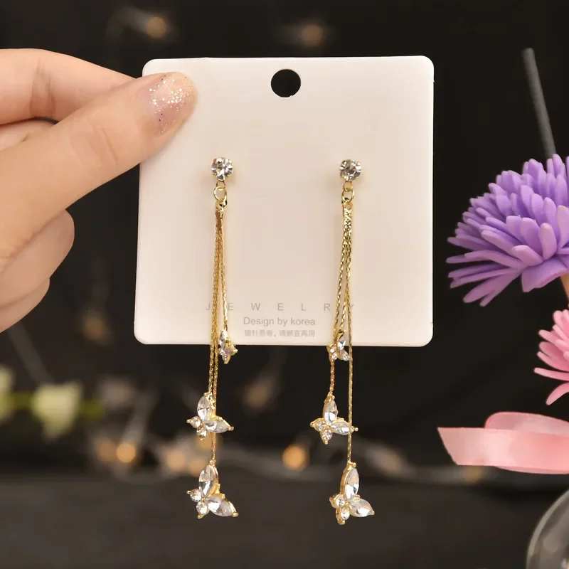 1Pair Butterfly Shiny Three Butterfly Crystal Drop Earring Long Tassel Dangle Earrings For Women Statement Earrings Jewelry Gift