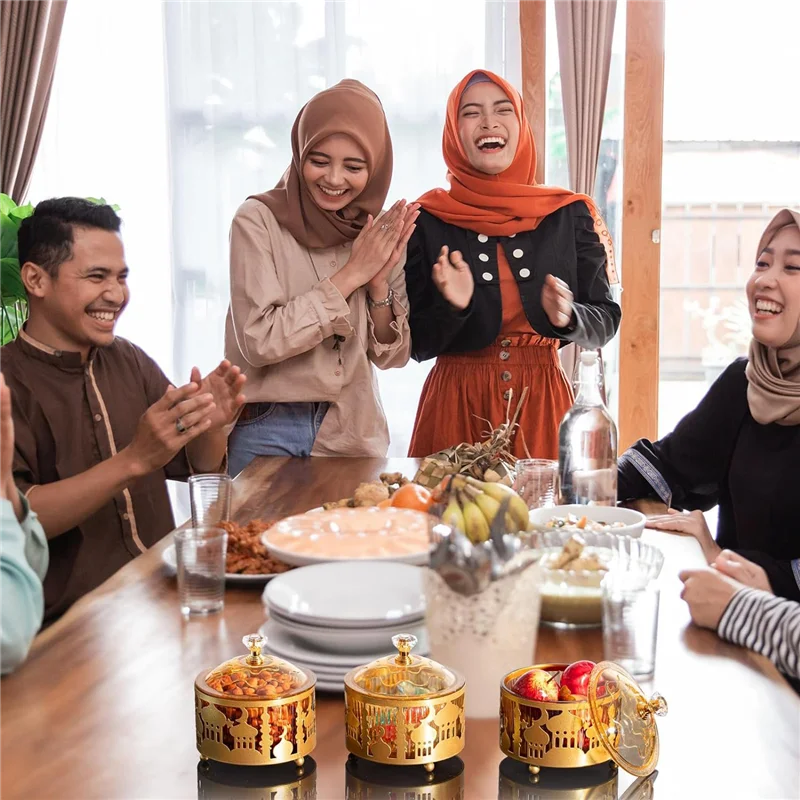 AF90-4 Pcs Ramadan Trays With Lid Gold Eid Mubarak Tray Ramadan Plate Ramadan Decorations Ramadan Food Storage Container