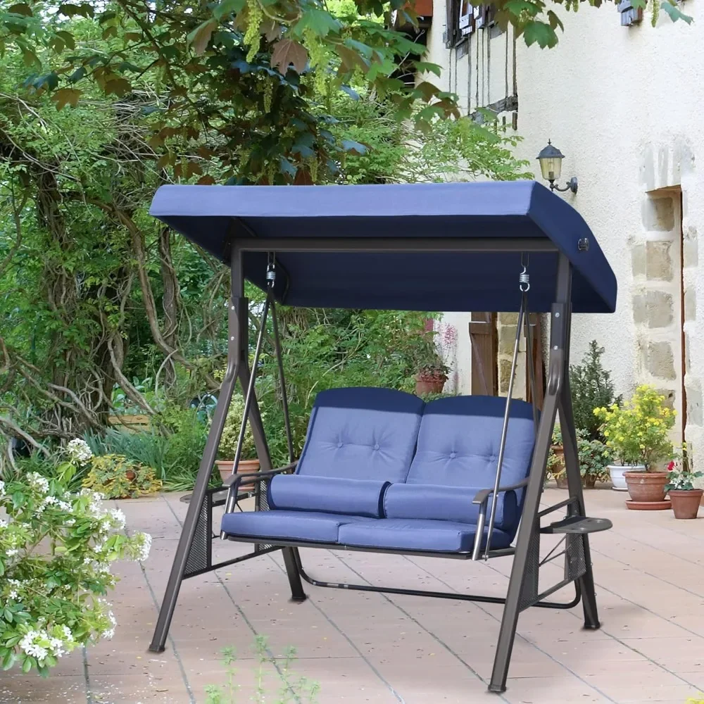 

2-Person Patio Swing Bench with Adjustable Shade Canopy, Soft Cushions, Throw Pillows and Tray