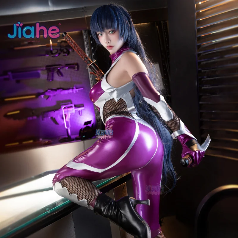 Disfraz de Cosplay de Asagi Igawa, mono de cuero morado, guantes, accesorios, uniforme sexy para mujer, fiesta de Halloween, ZERO
