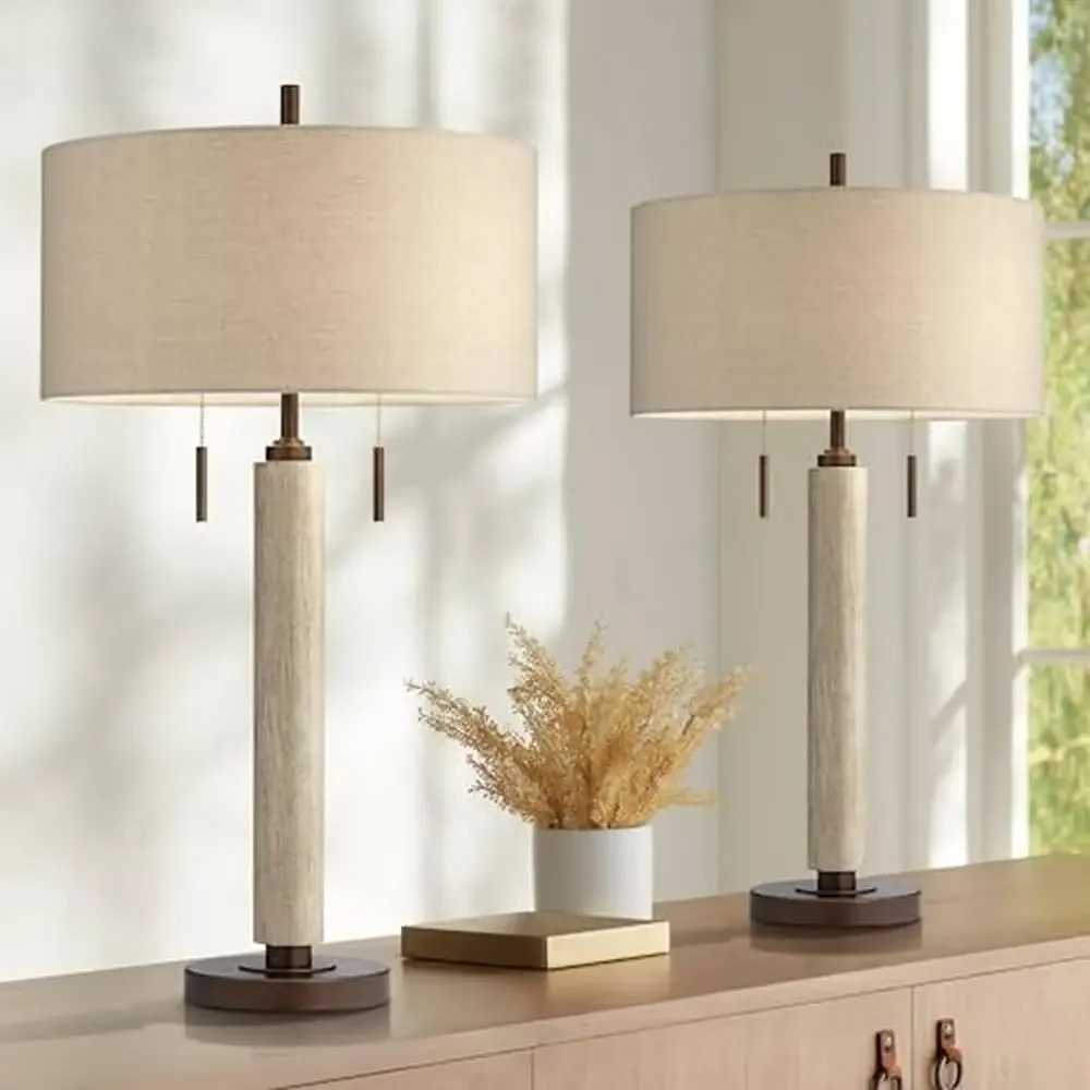 USB Modern Table Lamps Set of 2 White-Washed Wood Finish Oatmeal Shade Hugo 28 1/2