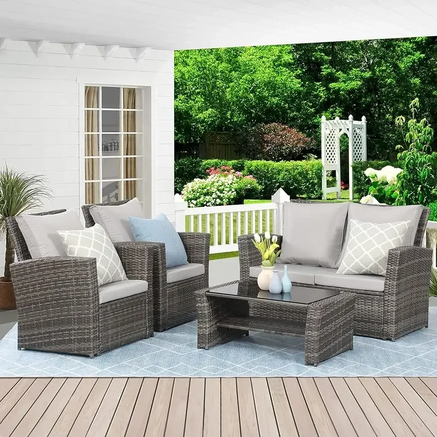 Lane-Outdoor Patio Furniture Sets, Wicker Conversation Set for Porch Deck, Gray Rattan Sofa Chair with Cushion, 4 Piece