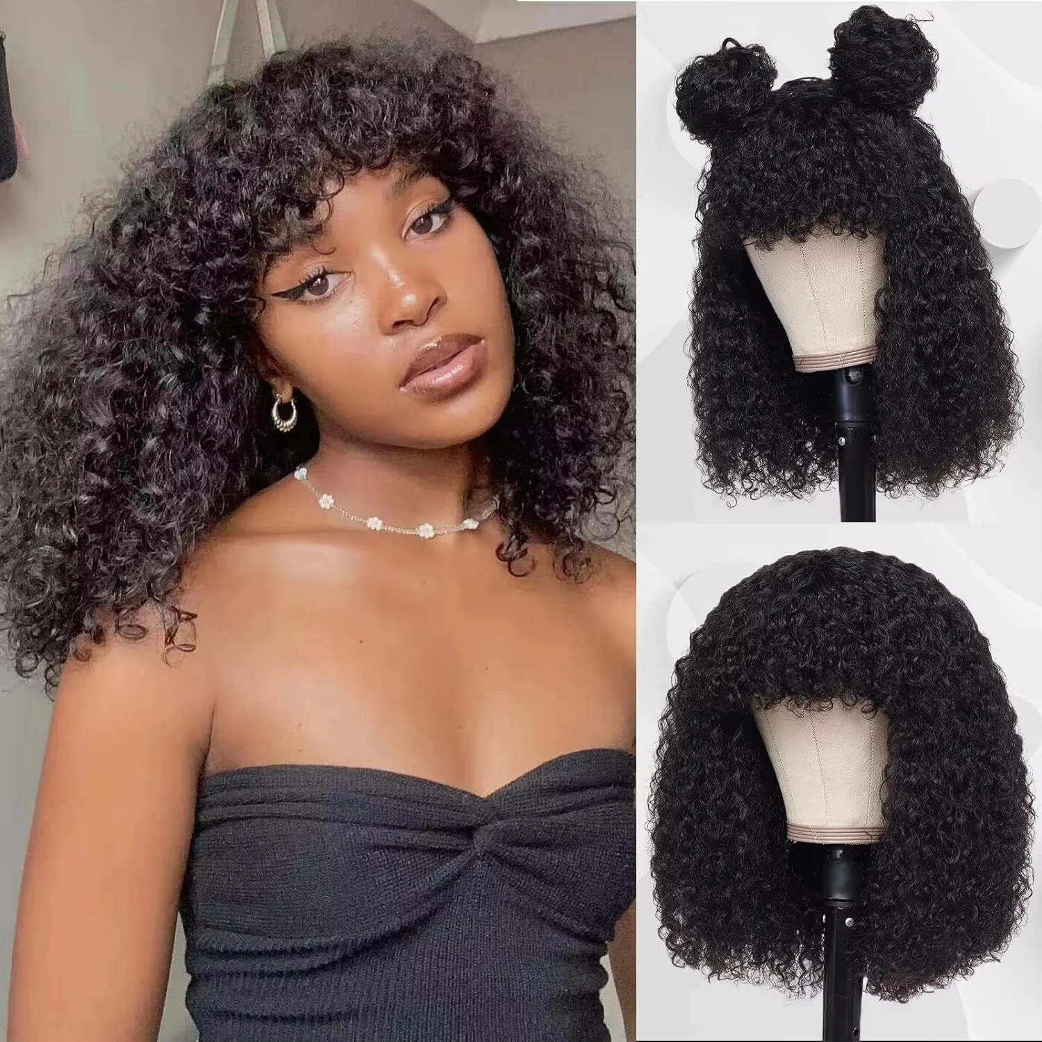 Short Curly Bob Wig Water Wave Human Hair Wigs with Bangs Full Machine Made Curly Short Human Hair Wigs for Black Women