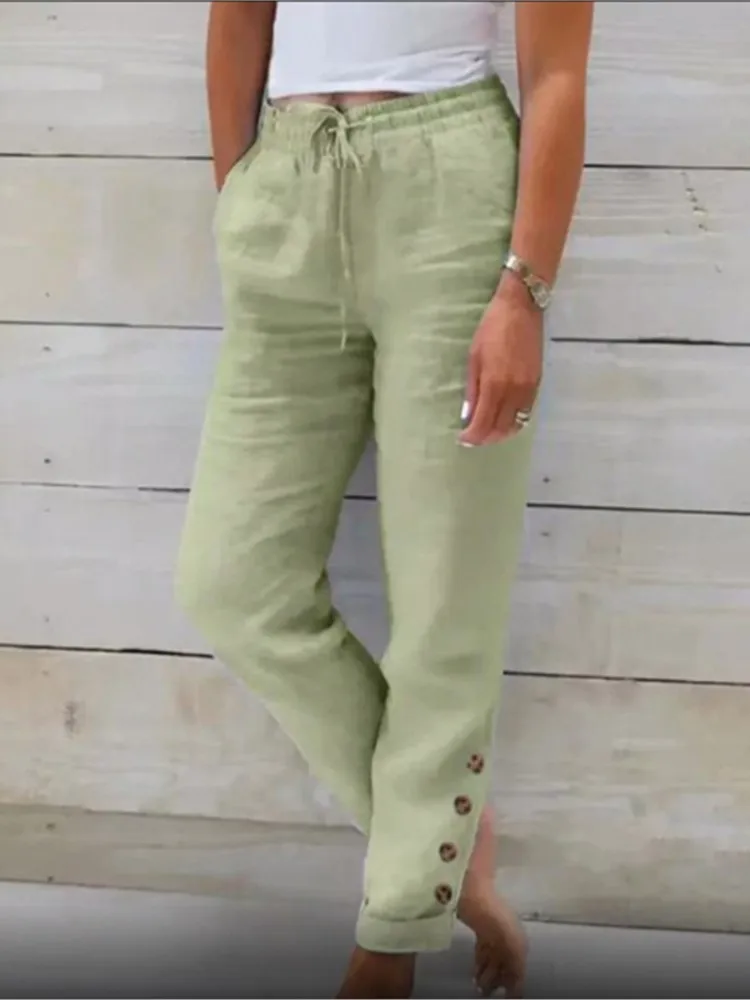 Women Spring Autumn Breathable Cotton Linen Buttons Trendy Pants Elastic Waist Straight Leg Solid Female Casual Baggy Trousers