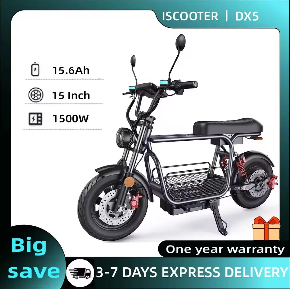 DX5 Adult Electric Scooter 1500W 48V 15.6Ah Battery With seat and front basket 15 Inch Tires City E-scooter