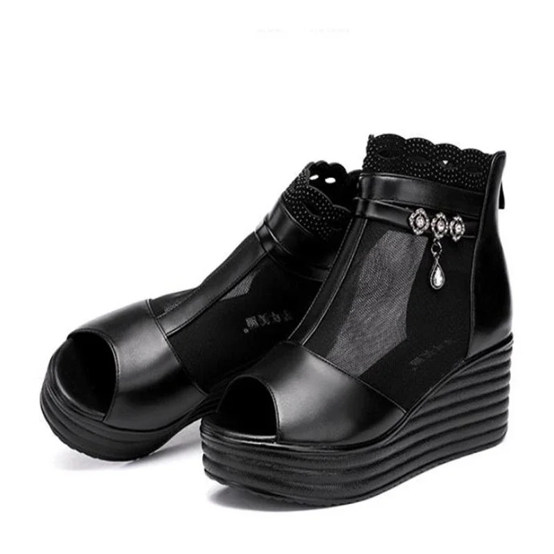 TIMETANGSize 33-43 Open Head Platform Wedges Shoes Summer Breathable Mesh Medium Heel Boots Women OL Office Footwear