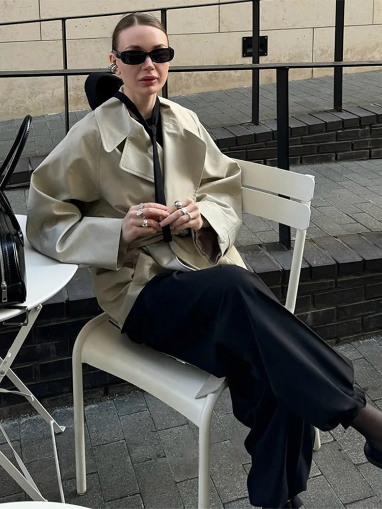 

Fashion Lace Up Ruched Trench Coat Women Solid Loose Lapel Full Sleeve Jackets Female 2025 Spring Autumn Lady Street Outerwear