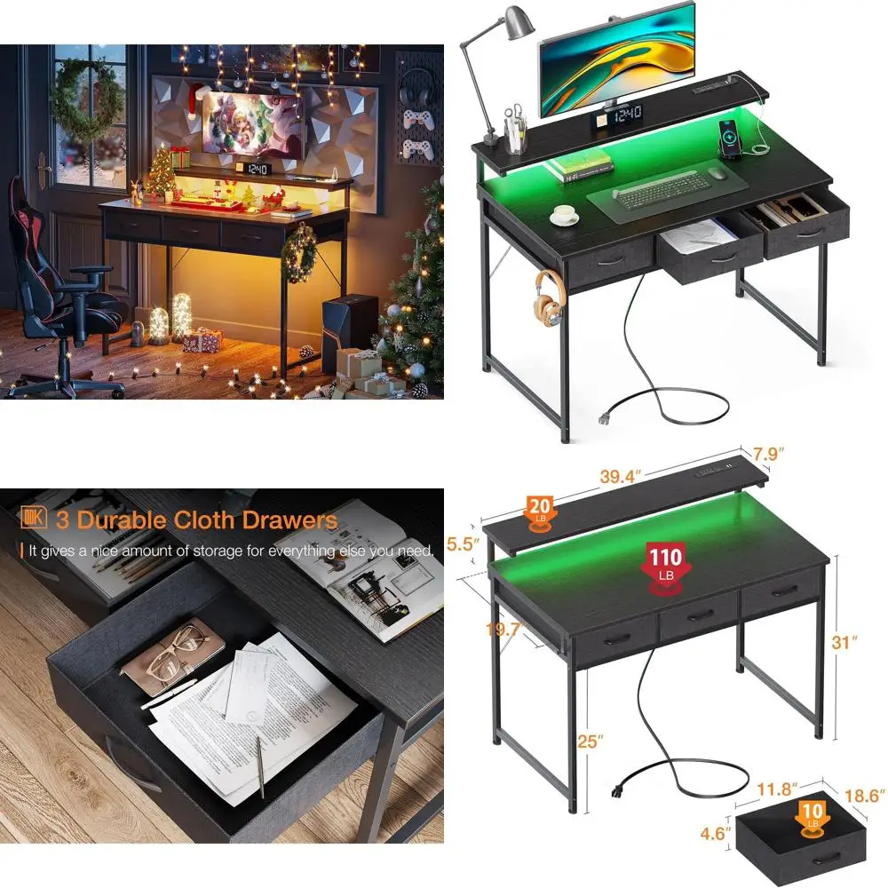 

Compact 40 Computer Desk with 3 Drawers, USB Ports, LED Lights, and Adjustable Monitor Stand - Modern Home Office Furniture for