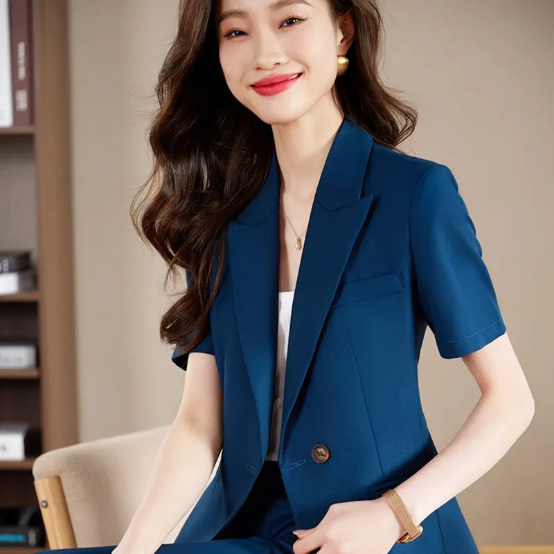 Blazer atau celana pendek 2 buah, Blazer atau celana lengan pendek kasual elegan modis bisnis kerja kantor Vintage temperamen Blazer pakaian Solid baru