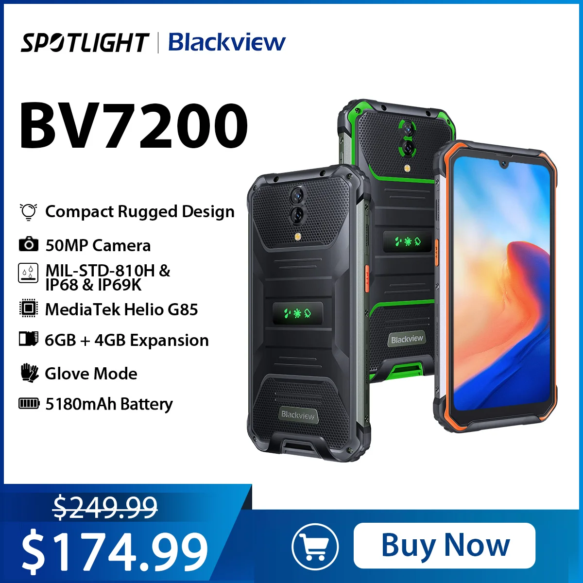 [World Premiere] Blackview BV7200 Rugged Smartphone Android 12 6GB+128GB Helio G85 Cell Phone 5180mAh Mobile Phones 50MP Cameras