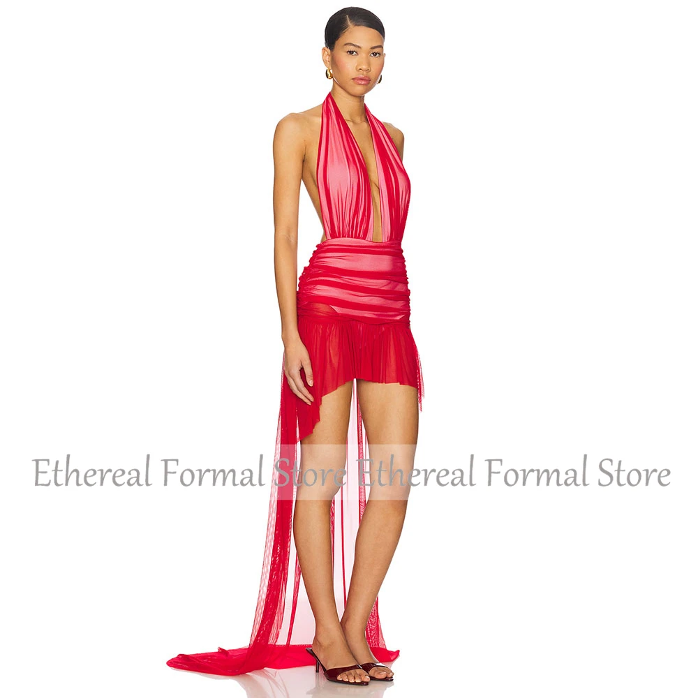 Vestido de cóctel rojo hasta la rodilla Mini largo corto sirena Halter sin mangas vestido de fiesta de vacaciones vestido de noche plisado vestido saudita