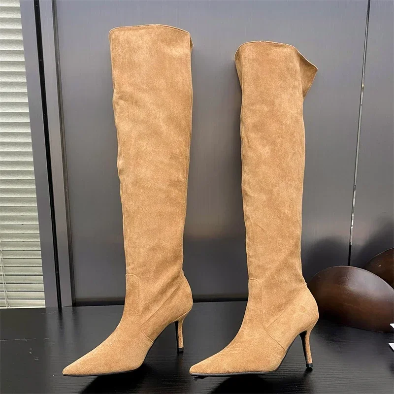 2025 Autumn Winter Sexy Thin Heels Knee-High Boots Women Pointed Toe Party Prom Ladies Shoes Elegant Long Botas De Mujer