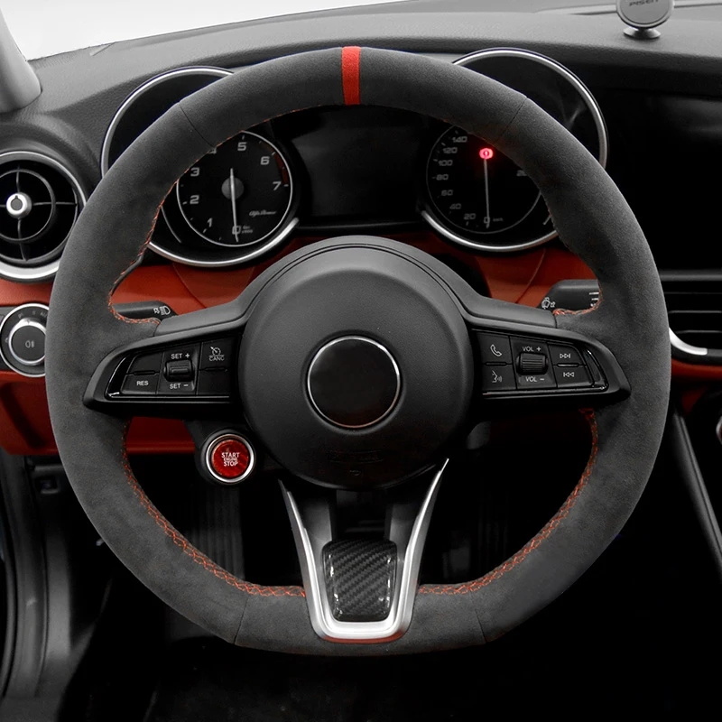 

Custom Car Steering Wheel Cover Wrap in Alcantara for Alfa Romeo Giulia 2016-2020 Stelvio 2017 2018 2019-2020