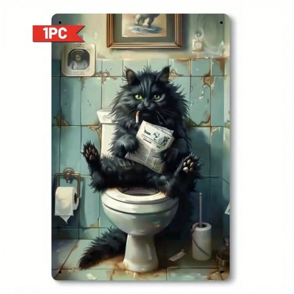 

Vintage Art Deco Bathroom Tin Sign 8x12 Inch, Ramadan 2026 & Valentine's Decor, Funny Black Cat Reading Newspaper Toilet Humor W