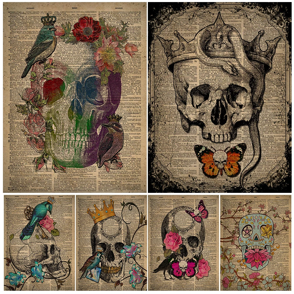 

Gothic Skull And Dictionary Book Pages Vintage Wall Art Canvas Painting Antique Skull Anatomy Art Poster Print Home Decoration